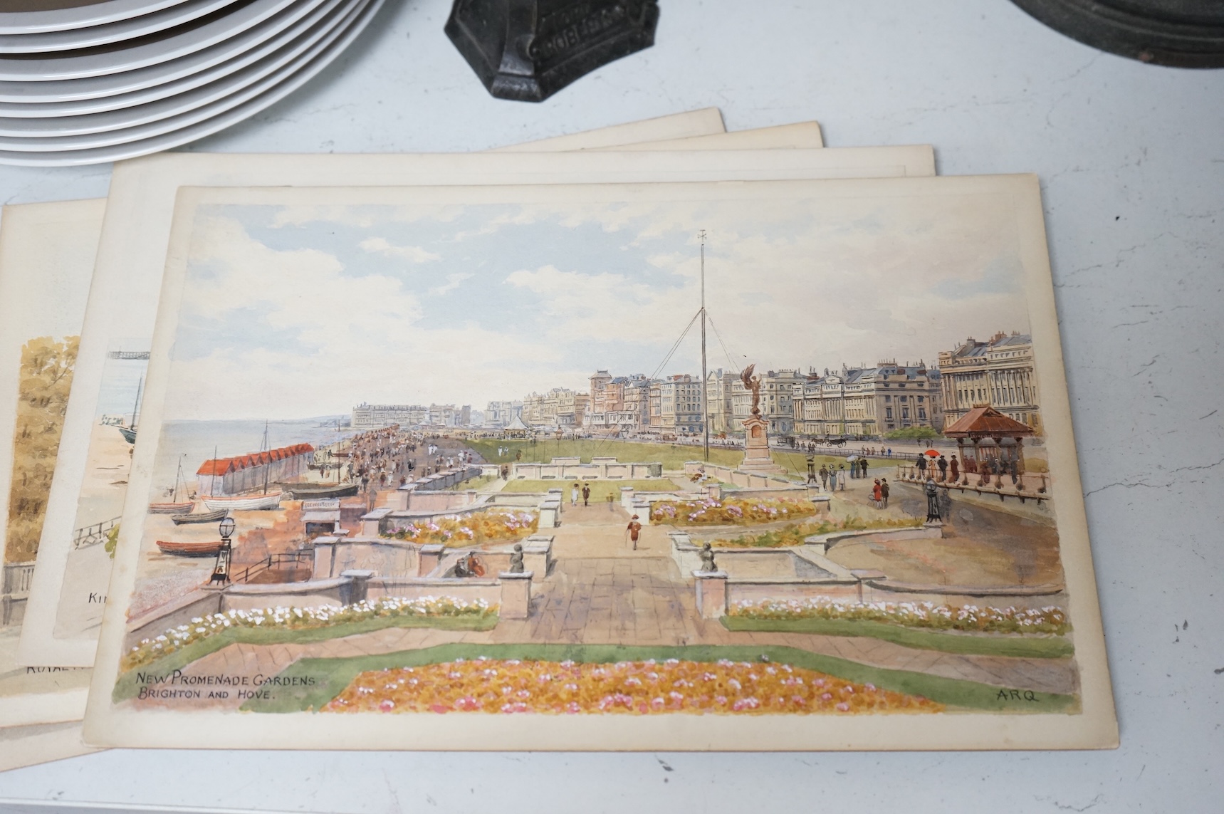 Alfred Robert Quinton (1853-1934), a set of four original watercolours for postcard designs, Brighton views to include ‘New Promenade Gardens’, ‘Kings Road from Queens Hotel and ‘Miniature Golf Course’, each monogrammed,